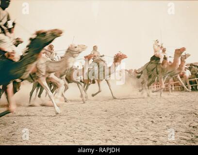 Race meeting horse & camel, Beersheba A camel race in full stride. 1940, Israel, Beersheba. Reimagined Stock Photo