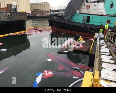 Oil spill responders gather diesel fuel filled absorbant pads into plastic bags to properly dispose of the hazardous materiel spilled in the Duwamish River near Seattle, Feb. 28, 2017.    A tug operated by Island Tug and Barge allided with a barge on the river causing the diesel fuel spill.    U.S. Coast Guard Stock Photo