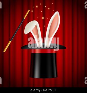 Rabbit ears appearing from magician hat, magic trick Stock Vector