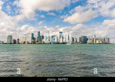 Panoramic high resolution cityscape of Downtown Miami, Florida, with its skyscrapers in the business and financial district from Virginia Key. Stock Photo