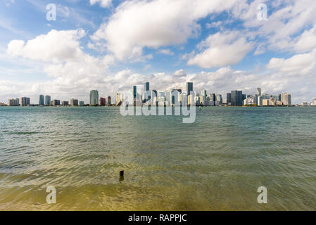 Panoramic high resolution cityscape of Downtown Miami, Florida, with its skyscrapers in the business and financial district from Virginia Key. Stock Photo