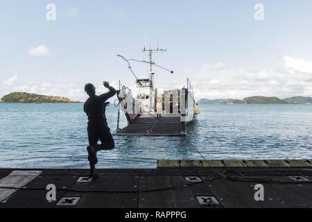SATTAHIP, Thailand (Feb. 24, 2017) Boatswain's Mate Seaman Kelvin Wagner heaves a line to landing craft utility 1666, assigned to Naval Beach Unit (NBU) 7, as it approaches the well deck of the amphibious transport dock ship USS Green Bay (LPD 20) for a stern gate marriageduring Exercise Cobra Gold 2017. The exercise is the largest theater security cooperation exercise in the Indo-Asia-Pacific region and is an integral part of the U.S. commitment to strengthen engagement in the region. Stock Photo