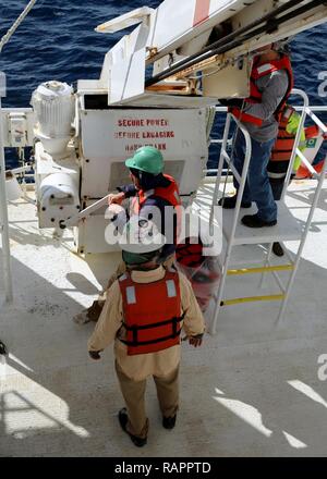 ATLANTIC OCEAN (February 21, 2017)--Civil Service Mariners attached to Military Sealift Command's hospital ship USNS Comfort (T-AH 20) secure a lifeboat after an abandon ship drill aboard the vessel, Feb. 21. Comfort was at sea for its Comfort Exercise (COMFEX). Stock Photo