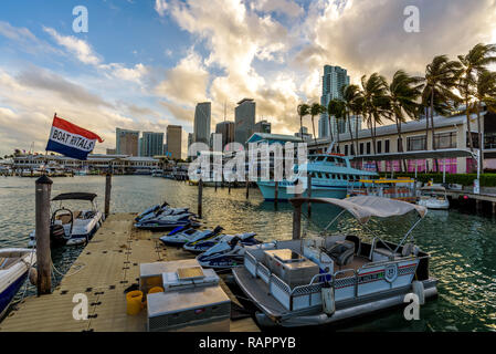 View of Miami Bayside Marketplace, Bayfront Park, a large, waterside shopping center with many familiar stores, plus eateries & sit-down restaurants. Stock Photo