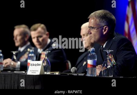 U.S. Air Force Maj. Gen. Jay Silveria, U.S. Air Forces Central Command deputy commander, speaks during a panel on supporting the warfighter during the Air Force Association Air Warfare Symposium March 3, 2017, in Orlando, Fla. The panel of four general officers said they must network their capabilities together to operate in contested environments. Stock Photo