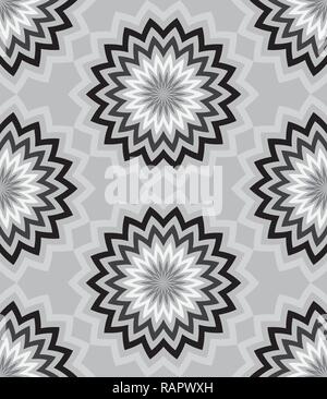 Gray circular zigzag lines flowers with a beautiful patterned striped petals pattern. Seamless floral vector background Stock Vector