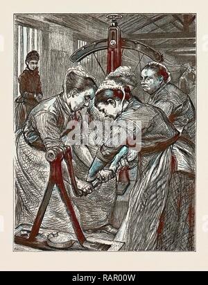 FEMALE CONVICT LIFE AT WOKING, UK, 1889: CONVICTS AT WORK IN THE LAUNDRY. Reimagined by Gibon. Classic art with a reimagined Stock Photo