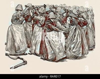 FEMALE CONVICT LIFE AT WOKING, UK, 1889: THE STRONGEST CONVICTS AT FIRE PUMP DRILL. Reimagined by Gibon. Classic art reimagined Stock Photo
