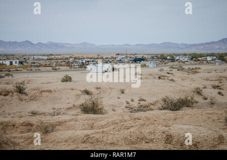 AUGUST 21 2018 - SLAB CITY, CA: View of Slab City, a lawless community out in the California desert with residents who live off the grid Stock Photo