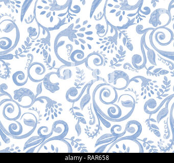 Blue floral pattern on white background. Hand made watercolor seamless texture for clothes, fabric Stock Photo
