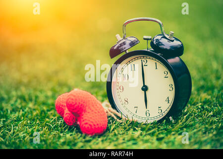 retro vintage old clock on the green grass with heart love times memory concept. Stock Photo