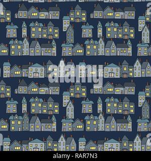 Seamless night town vector - village textile pattern illustration. Stock Vector