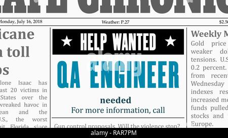 Job offer - QA engineer. IT career newspaper classified ad in fake generic newspaper. Stock Vector