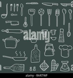 Kitchenware icons vector set. Cute kitchen utensils doodle hand drawn style. Stock Vector