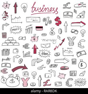 Business financial icons - sketchy doodle style illustration with money, currencies and finance object symbols. Stock Vector