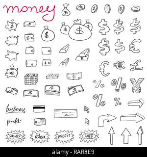 Money icons - doodle style illustration with money, currencies and finance object symbols. Business set. Stock Vector