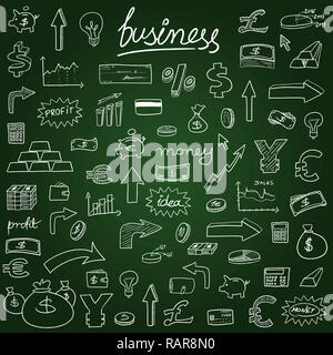 Business icons - doodle style illustration with money, currencies and finance object symbols. Stock Vector