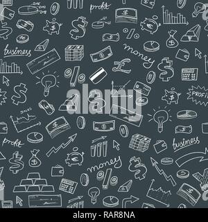 Seamless doodle style background - money, gold, business and finance texture. Stock Vector