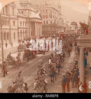 South African Light Horse coming down Adderly Street, to entrain for the front, Cape Town, South Africa. Vintage reimagined Stock Photo
