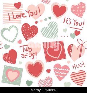 Red, pink and green hearts collection seamless pattern, with hand written I love you text and striped and dotted squares, on white background Stock Vector