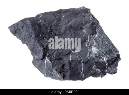 macro photography of natural mineral from geological collection - rough shungite shale stone on white background Stock Photo