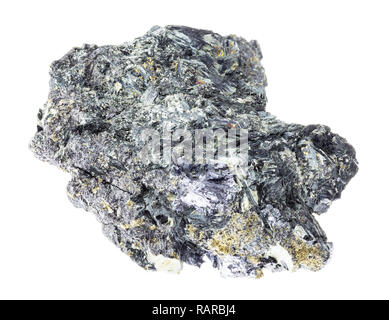 macro photography of natural mineral from geological collection - rough green Glaucophane stone with Molybdenite crystal, yellow Pyrite and dark gray  Stock Photo