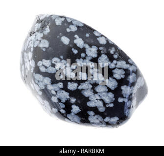 macro photography of natural mineral from geological collection - tumbled gray snowflake obsidian gemstone on white background Stock Photo