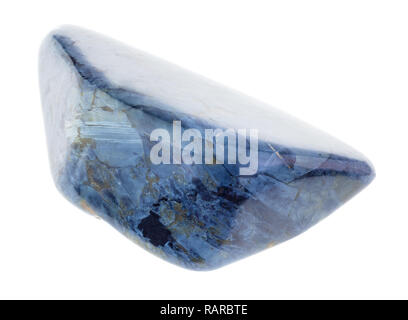 macro photography of natural mineral from geological collection - polished Rhodusite (magnesio riebeckite blue asbestos) stone on white background Stock Photo