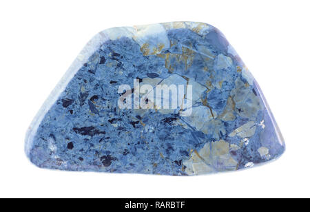 macro photography of natural mineral from geological collection - tumbled Rhodusite (magnesio riebeckite blue asbestos) stone on white background Stock Photo