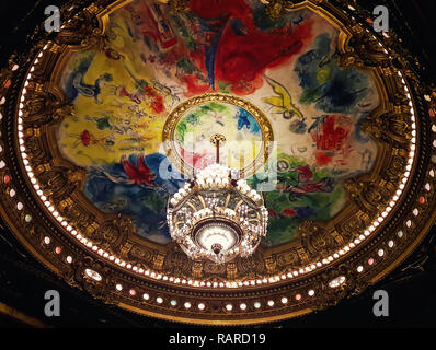 Beautiful painted ceiling inside Palais Opera Garnier auditorium, originally called the Salle des Capucines in Paris France. Stock Photo