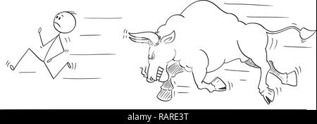 Cartoon of Man or Businessman Running Away From Angry Bull Stock Vector