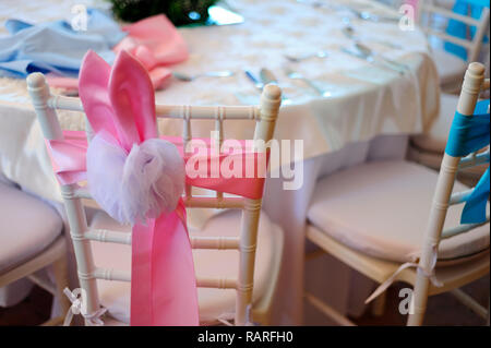 MERIDA, YUC/MEXICO - NOV 18, 2017: Twin babies's baptismal party venue decoration and gifts for guests Stock Photo