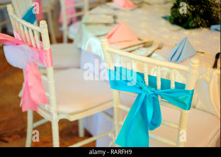 MERIDA, YUC/MEXICO - NOV 18, 2017: Twin babies's baptismal party venue decoration and gifts for guests Stock Photo