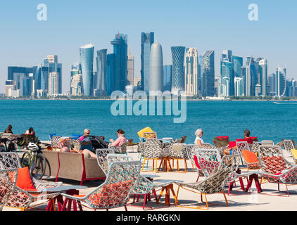 MIA Park cafe  and skyline of Doha in Qatar Stock Photo