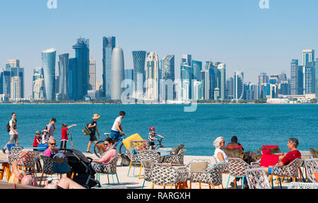 MIA Park cafe  and skyline of Doha in Qatar Stock Photo