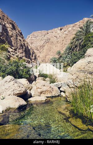 Landscape of Oman. Lagoon in the middle of Wadi Shab in idyllic day. Stock Photo