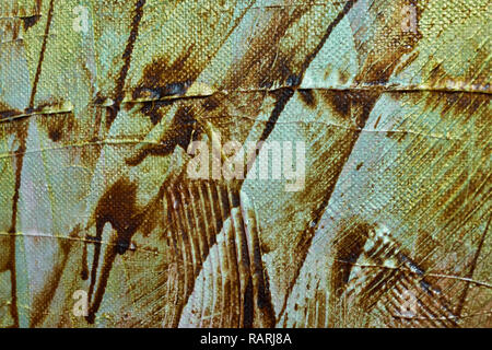 Close-up detail of abstract painting texture with turquoise, green and ochre brush strokes. Stock Photo
