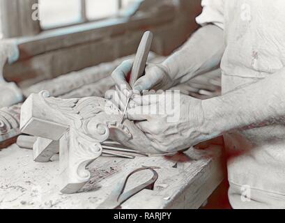 High Point, North Carolina - Upholstering. Tomlinson Chair Manufacturing Co. Hand carver - close-up of man - chair reimagined Stock Photo