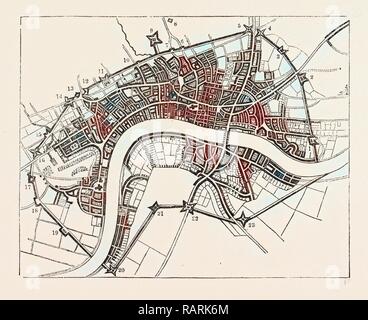Plan City Suburbs London appeared fortified 1643, London, England, engraving 19th century, Britain, UK. Reimagined Stock Photo