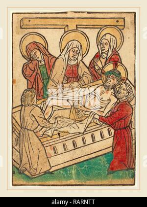Ludwig of Ulm (German, active 1450-1470), The Entombment, hand-colored woodcut (blockbook page). Reimagined Stock Photo