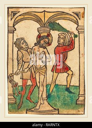 Ludwig of Ulm (German, active 1450-1470), The Flagellation, hand-colored woodcut (blockbook page). Reimagined Stock Photo