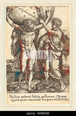 Heinrich Aldegrever (German, 1502-1555-1561), Hercules and Atlas, 1550, . Reimagined by Gibon. Classic art with a reimagined Stock Photo