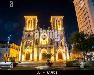 The San Fernando Cathedral in Downtown San Antonio at Night Stock Photo