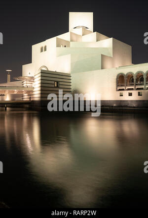 Night view of Museum of Islamic Art in Doha, Qatar. Architect IM Pei