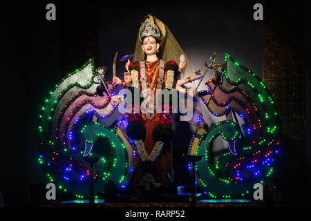 Pune / India - October 2015: The statue of Durga during the ten days of Navaratri on a street in Pune, India. Stock Photo