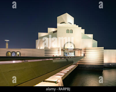 Night view of Museum of Islamic Art in Doha, Qatar. Architect IM Pei