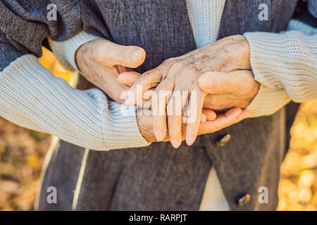 elderly couple holding hands in autumn park Stock Photo