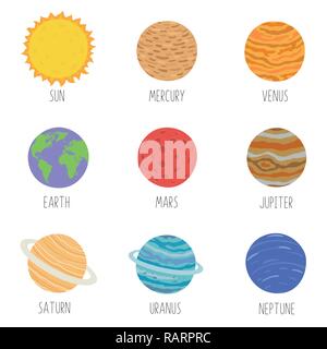 Vector illustration of the solar system planets,signed with the names of the planets Stock Vector