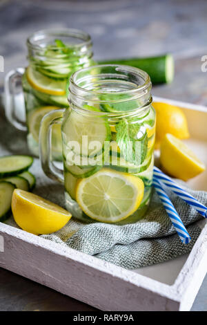 Healthy alkaline water with sliced cucumber, ginger, lemon and mint Stock Photo