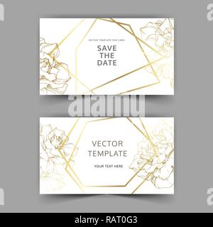 Vector Golden rose flowers on the card. Wedding background card golden crystal border. Thank you, rsvp, invitation elegant card illustration graphic s Stock Vector